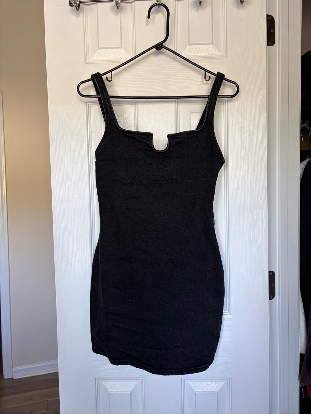 Zara Black Denim Notch Neck Bodycon Mini Dress Small - Picture 4 of 8